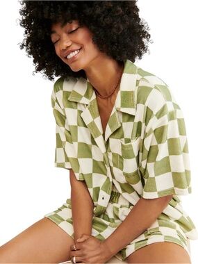ONA Checker Terry Oversized Button‎ Down in Olive.